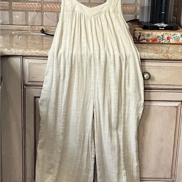 Free People Tie Me Up Jumpsuit Wide Leg Tie Shoulder Straps Oatmeal - Picture 2 of 8